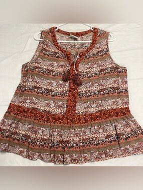 Knox Rose Rust & Cream Boho Tie Neck Sleeveless Peplumruffle Top